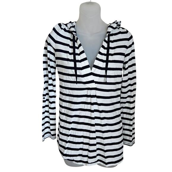 LOFT Lightweight Hoodie Size XS Striped Drawstring Cotton V-Neck Nautical Navy - Picture 1 of 11